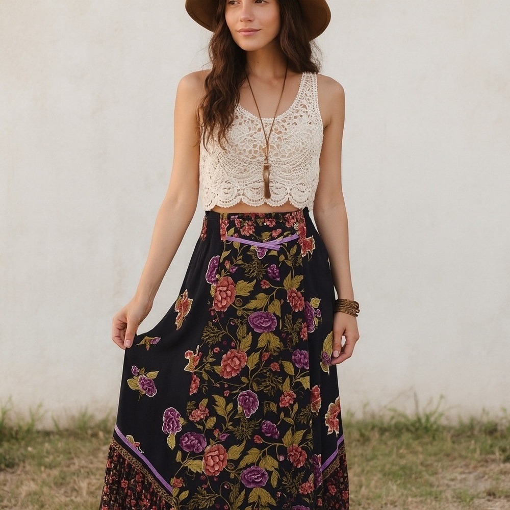 Vintage 80s Maxi Skirt Dark Floral Ruffle Pull On Prairie Peasant Boho
